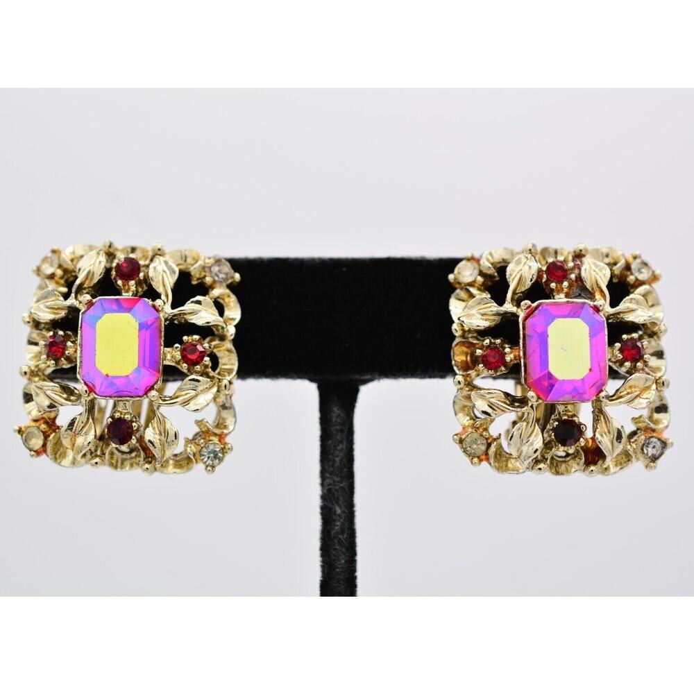 Coro Vintage Crystal Clip On Earrings Red Aurora Borealis Baguette Signed BinAZ